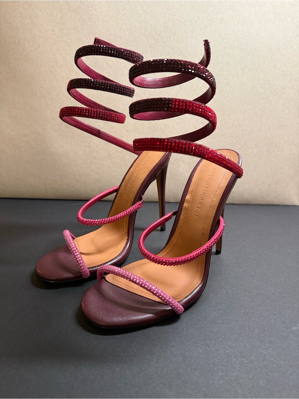 Spiral Wrap Stiletto Sandals in Burgundy and Pink - New - With Box